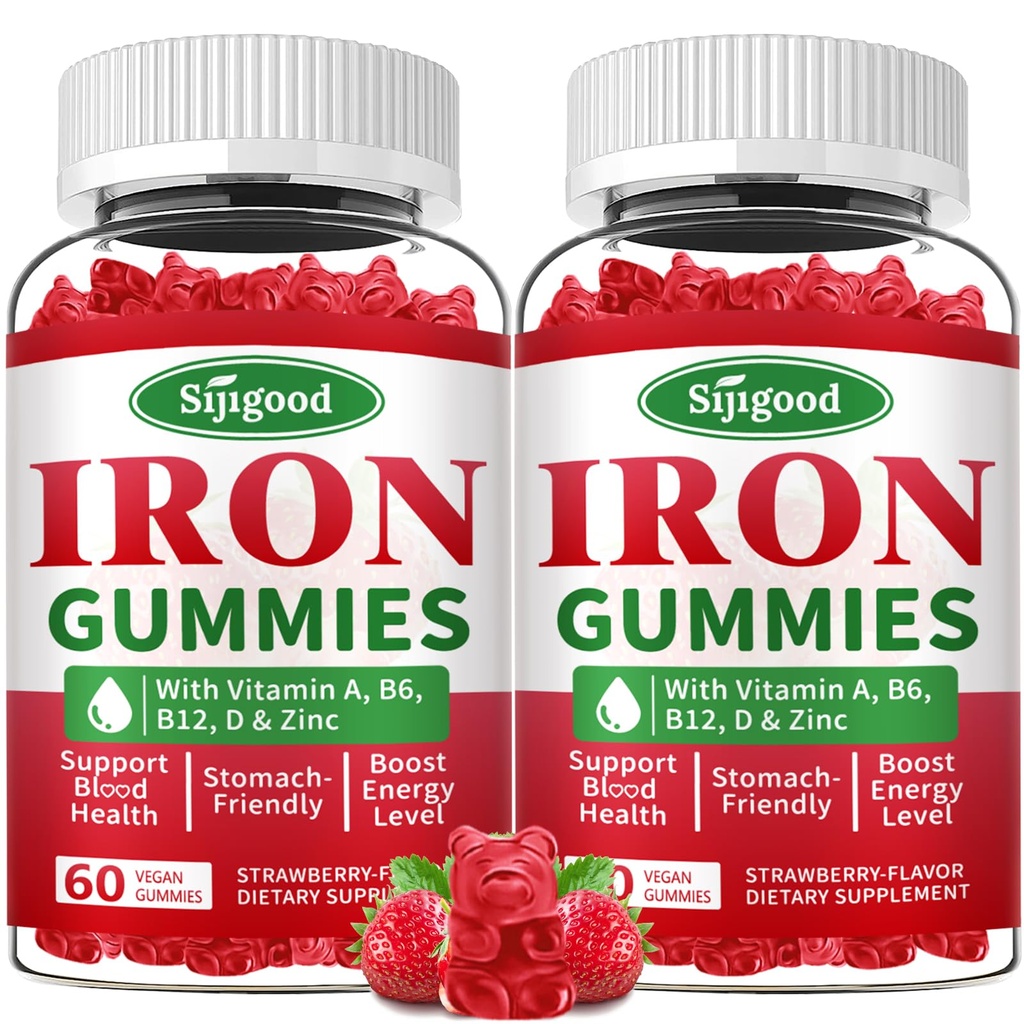 2 pacchi di ferro per le donne e gli uomini - Supplemento di ferro vegano per l'anemia e la carenza di ferro, con vitamina B12, vitamina C, zinco, follia - Boost di energia, senza zucchero, aroma di fragola, 120 conte