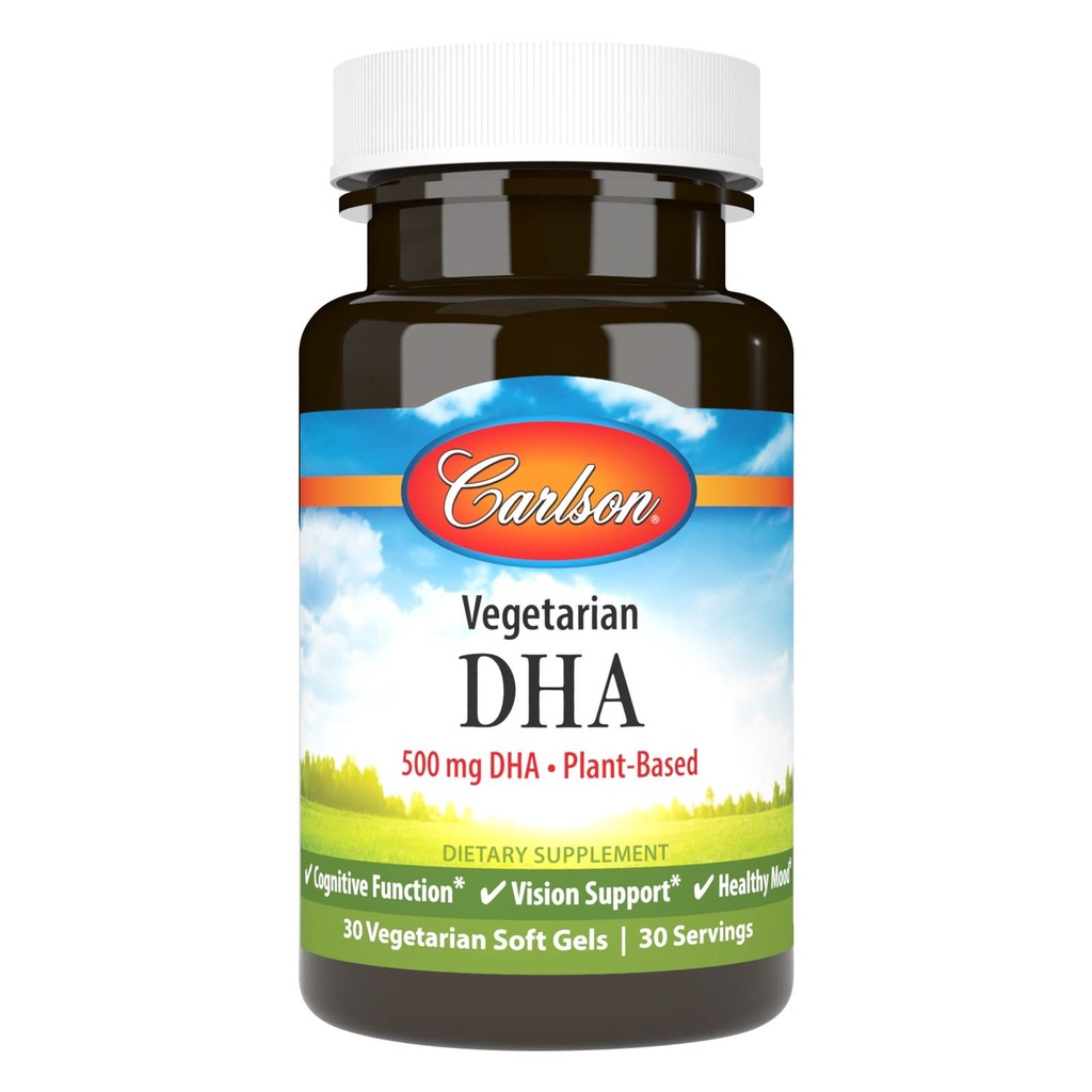 Carlson - DHA Vegetariano, 500 mg DHA, Plant Based, Sostenibilmente Fonte da Algae, Brain Support, Mood Health, 30 Softgels