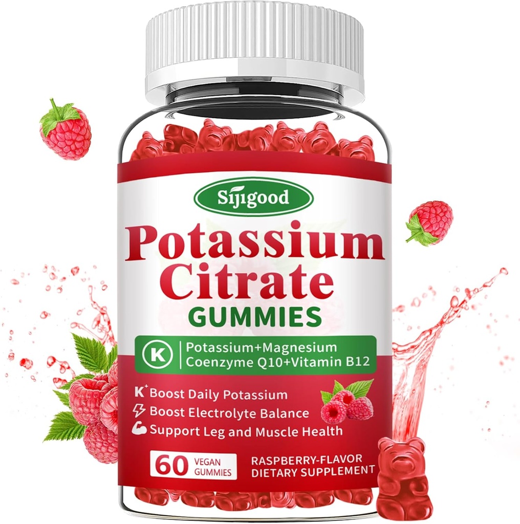 Gummies Citrato di potassio – Supplemento di potassio per la salute del muscolo, Rilievo della gru di gambe & Equilibrio dell'elettrolita, Vegan, Non OGM, Gluten-Free, Sapore di lampone, 60 Conte