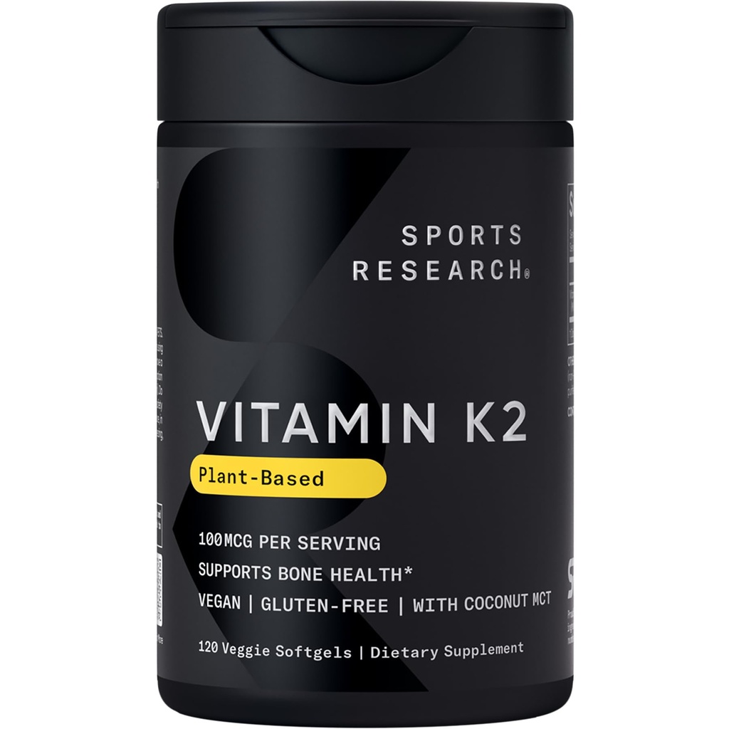 Ricerca sportiva Vitamina K2 come MK-7 100mcg con olio di cocco MCT - 120 Veggie Softgels (4 mesi di alimentazione) Vegan Certificato, Non OGM Verificato, Gluten & Soy Free