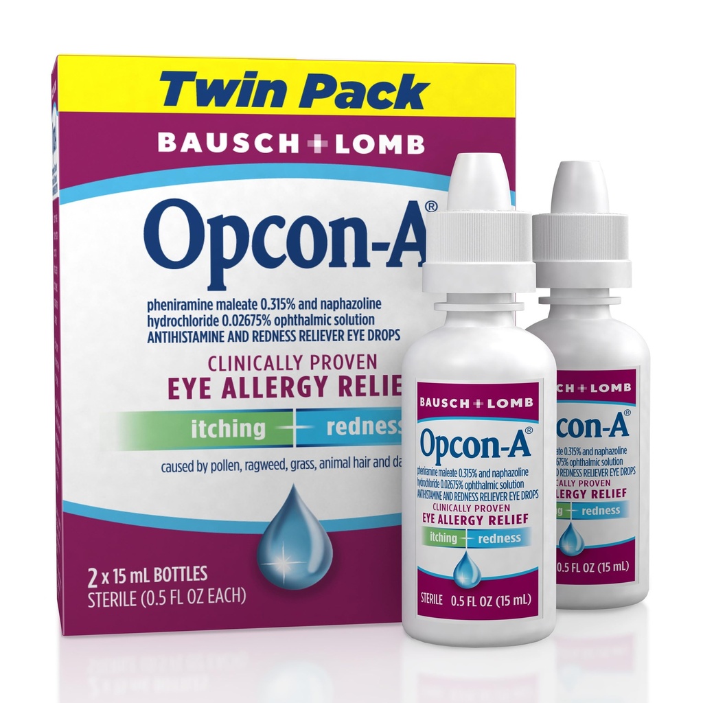 Opcon-A Allergy Eye Drops, Antistamina e Redness Relief per Itchy, Occhi rossi, L'irrigazione di Soothes da Polline, Ragweed, Grass, Animal Hair and Dander Clinically Proven Formula, 0.5 Fl Oz (Pack of 2)