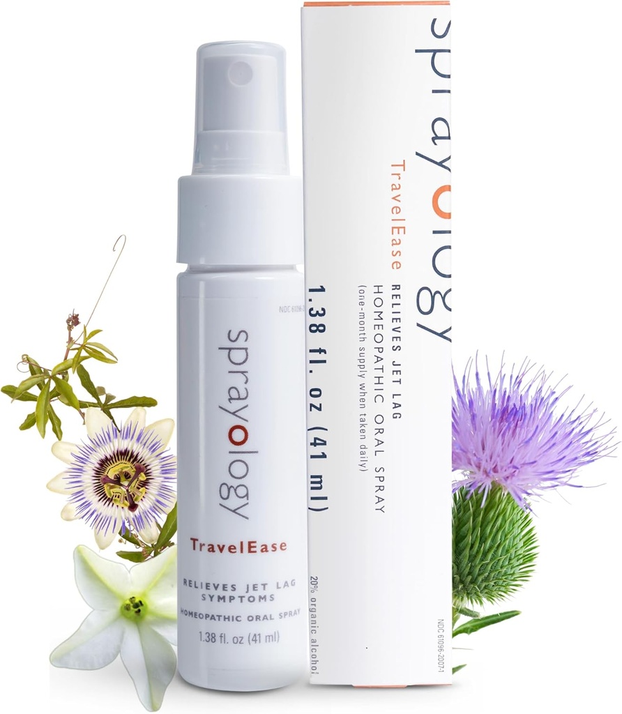 Sprayology TravelEase | Spruzzo di sollievo del getto omeopatico | Eases Tiredness, Insonnia, Disorientamento e disidratazione | Spray orale con Nux Vomica, Passionflower & Milk Thistle (1.38 fl oz)