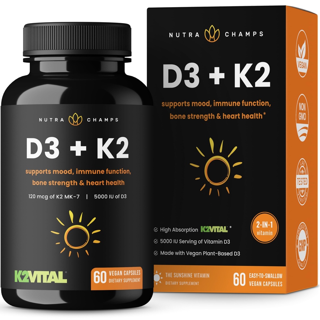 NutraChamps D3 con K2 MK7 Supplemento per la salute di cuore e ossa | Vitamina D & K Complex | 5000 IU di vitamina D 3 & 100 mcg di vitamina K 2 MK-7 | 60 capsule di vitamina K2 D3