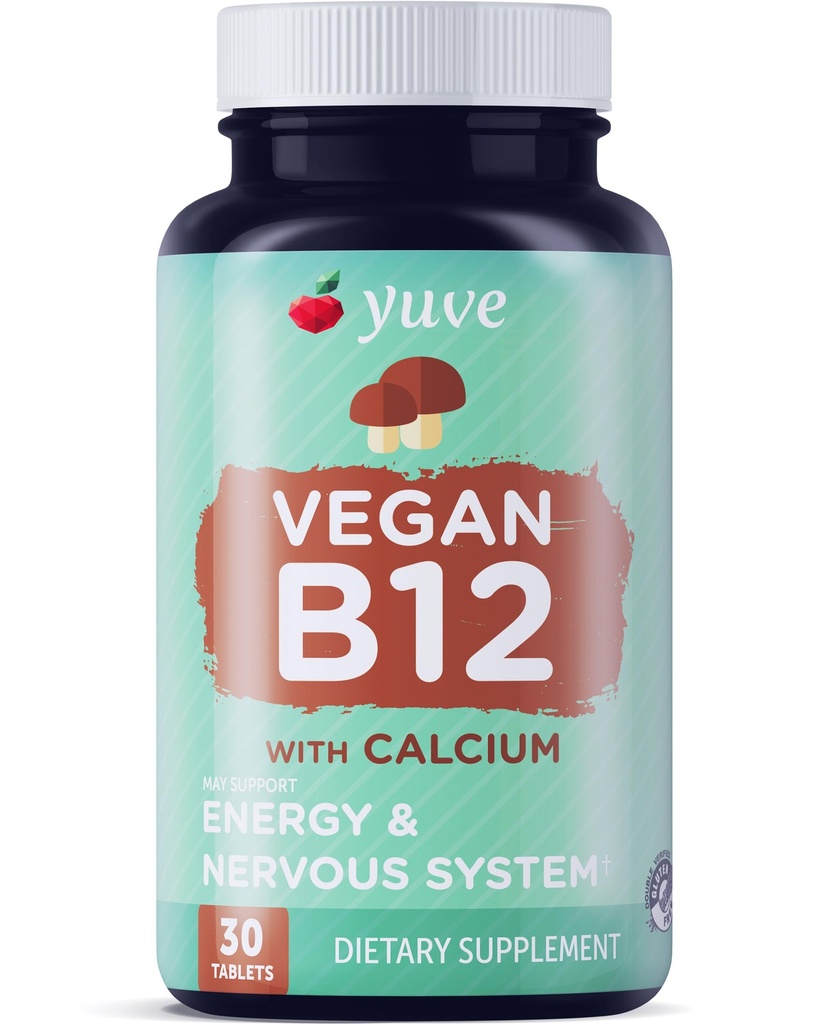 Yuve Vegan B12 con calcio per l'assorbimento massimo - Active Energy & Central Nervous System Support - 1000mcg Cobalamin Vitamina B 12 - Naturale, Non OGM, Senza glutine, Senza zucchero - 30 Tab