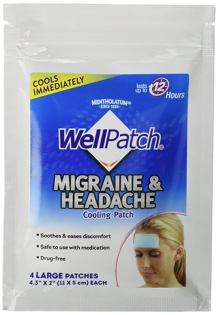 WellPatch Migraine & Headache Cooling Patch - Droga gratuita, dura fino a 12 ore, sicuro da usare con farmaci - grandi patch (4 grandi patch), ogni 4.3 x 2 in