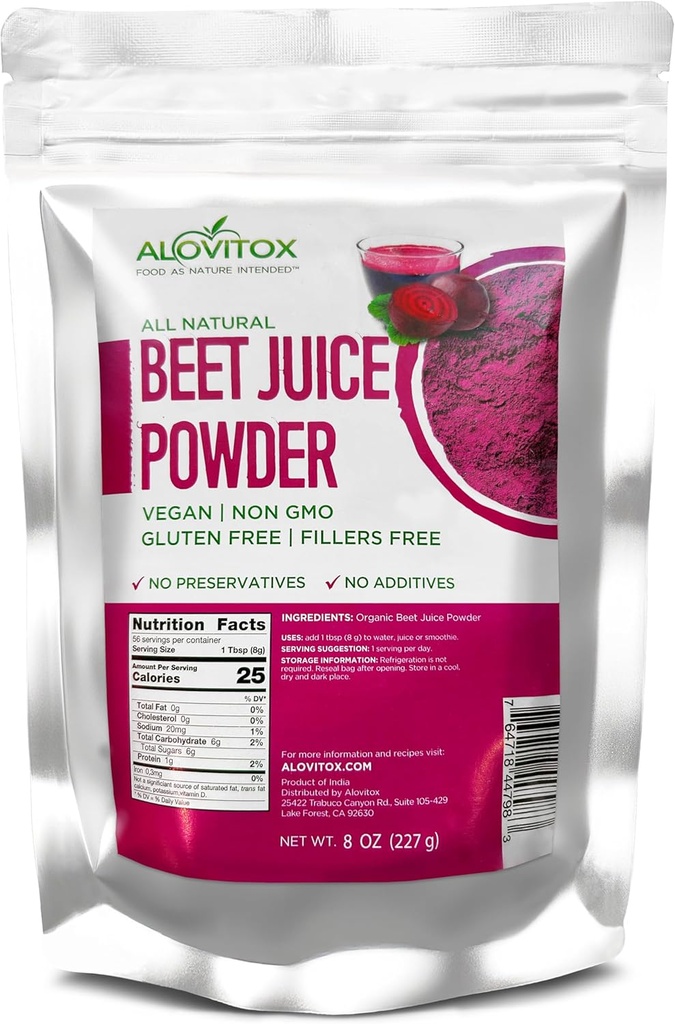 Polvere di succo di barbabietola organica Alovitox |100% polvere pura, fresca e USDA estratto di succo di barbabietola | Nitric Oxide Superfood | Vegan, Non - Gmo & Gluten-Free | Support Energised and Effective Workout Session (8 oz)