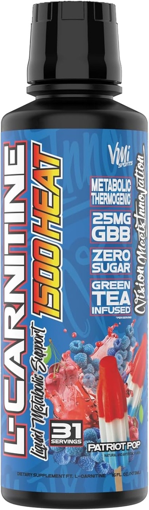 VMI Sports L-Carnitine 1500 Termogenico potenziato liquido riscaldante | 1500 mg Carnitina | Formula di assorbimento massimo | Ottimo gusto per uomini e donne | 31 Serve (Patriot Pop)