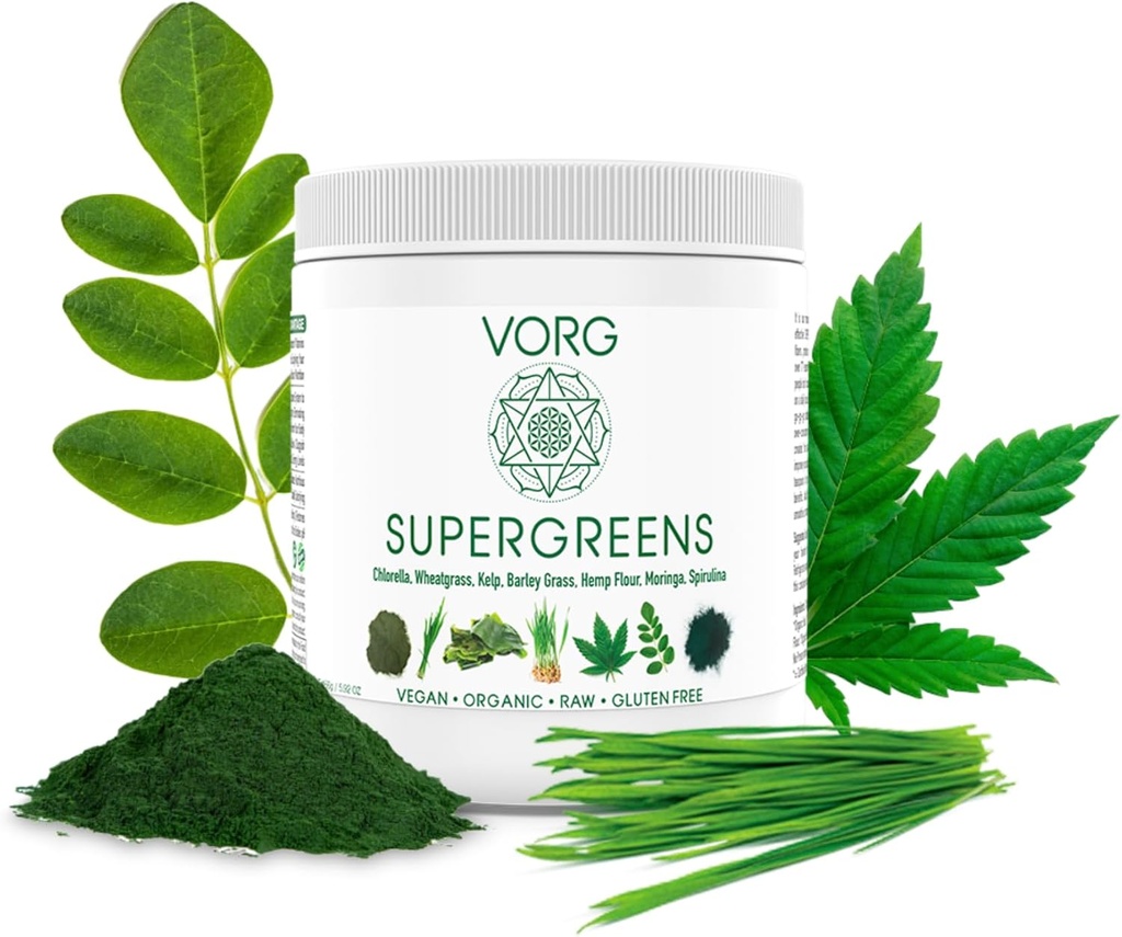 VORG SuperGreens - #1 Green Superfood Powder with Chlorella, Barley Grass, Moringa, Kelp, Spirulina, Wheatgrass - 100% Organic - Probiotici, Fiber & Enzymes (1 Settimana di alimentazione)