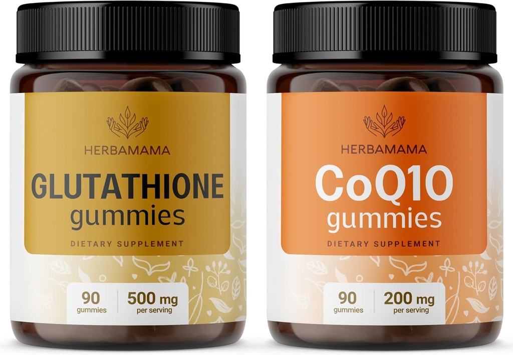 HERBAMAMAMA Glutathione e CoQ10 Kit - Bundle di 500 mg L-Glutathione ridotto e 200 mg CoQ10 Gummies - Vegan, Non OGM, Gelatin-Free - 2 Pack