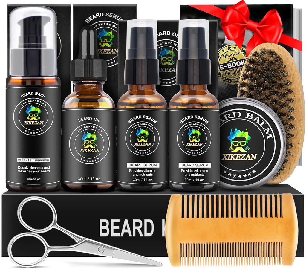 XIKEZAN Beard Kit per gli uomini Grooming & Care Set w/2 Pack Beard Serum, Lavare, Olio, Balm, Pettine, Spazzola, Forbici, Borsa, EBook, Regali di compleanno unici per gli uomini Lui Papà marito Fratello Natale Stocking Stuffers