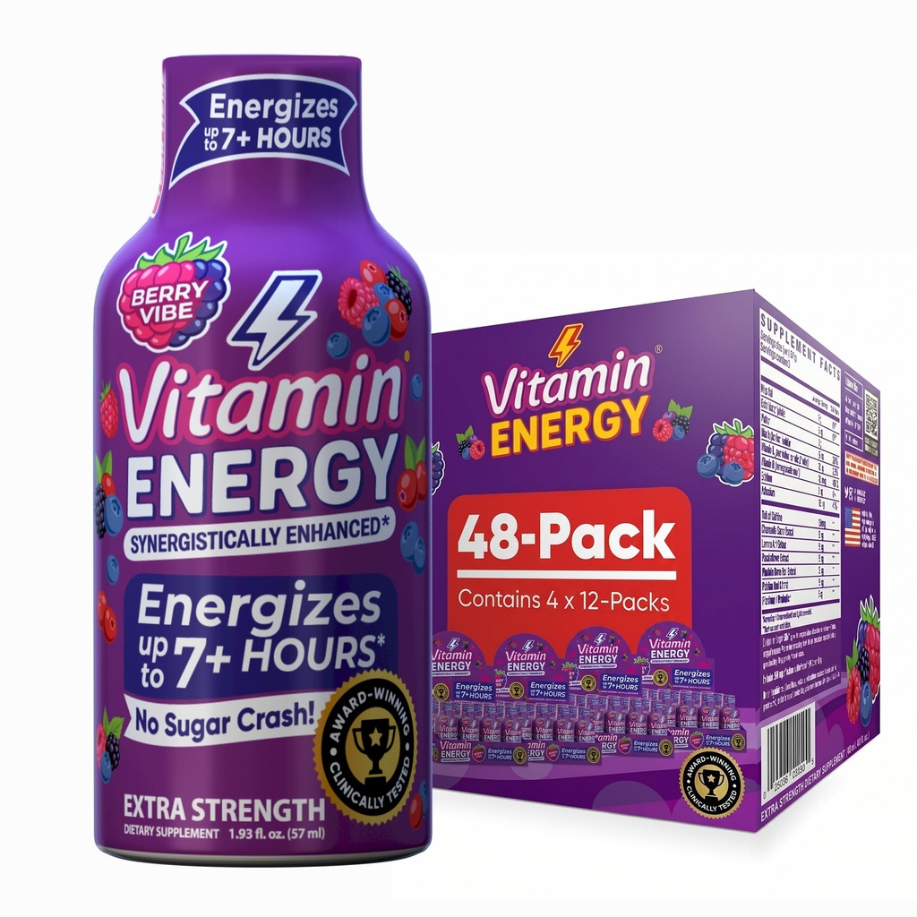 Vitamin Energy Mood+ Extra Strength Energy Shot Tropical Berry 48 Pack, 260mg Natural Caffeine, B-Vitamins, Rhodiola, Camomilla, Mood & Energy Support, Zero Sugar, Gluten-Free, Vegan, 1.93 fl oz
