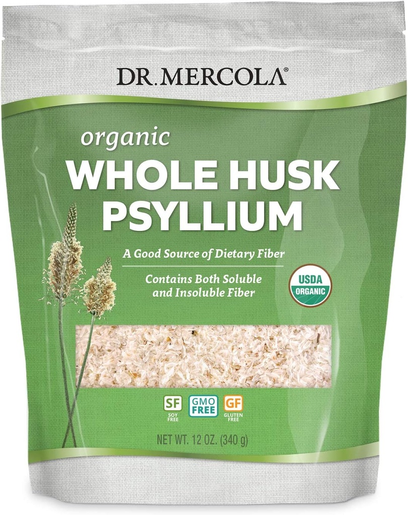 Dr. Mercola Organic Whole Husk Psyllium Integratore alimentare, 68 Serve (12 once), Buona fonte di fibra alimentare, Supporta la salute digestiva, Non OGM, Gluten Free, Soy Free, USDA Organic