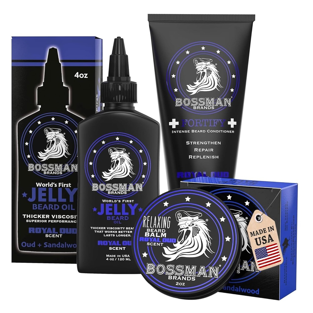 Bossman Essentials Beard Kit per gli uomini, Set di 3 - Cuscinetto Jelly olio, Fortificante condizionatore crema, Cuscinetto Balm - Grooming Growth Care Accessori - Set regalo per gli uomini (Royal Oud)