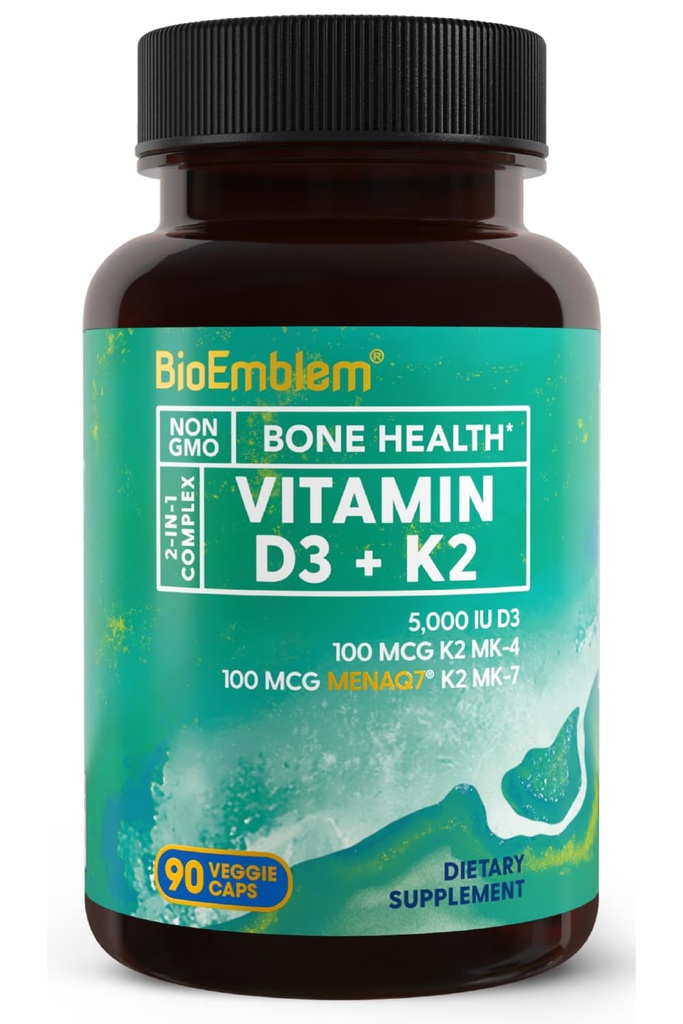 BioEmblem Vitamin D3 K2 Capsule (5000IU e 200mcg) - Brevettato MK7 e MK4 per il supporto complesso 3-in-1 - Vitamina vegetariana D K2 Supplemento per denti, cuore, sistema immunitario - Non OGM, 90 Caps