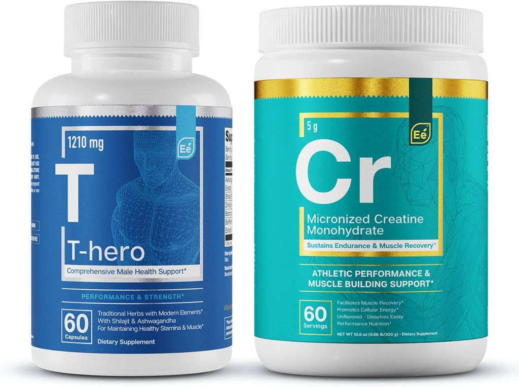 Elementi essenziali T-Hero + Micronized Creatina Monoidrato | Male Health Supplement - Supporto muscolare & T-Health