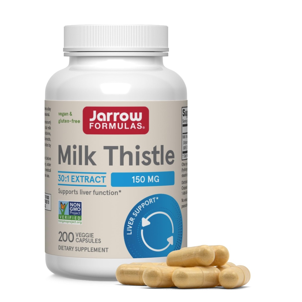 Jarrow Formulas Milk Thistle 150 mg con 30:1 Standardized Silymarin Extract, Integratore alimentare per il supporto della funzione del fegato, 200 capsule vegetali, 66-200 Day Supply