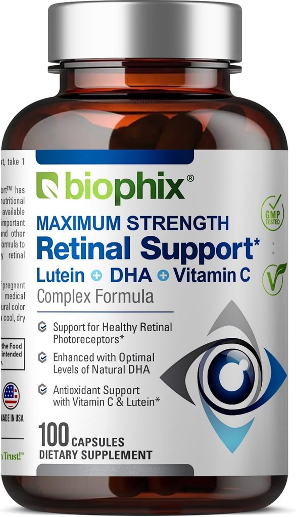 biophix Retinal Support Maximum Strength Complex Formula 100 Capsule - Zinc Vitamin C E Lutein DHA Omega-3 Astaxantina Acido Ialuronico - Supporta la salute della visione dell'occhio
