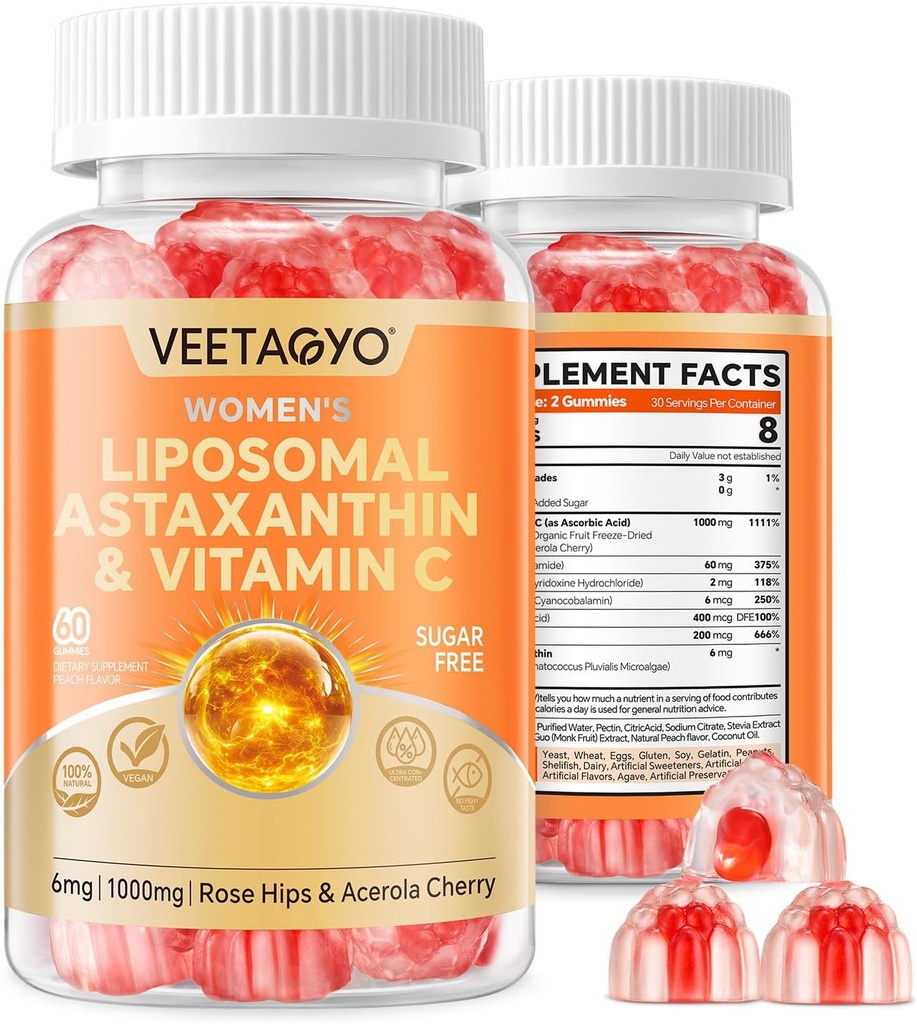 Integratori di astaxantina 6mg + Vitamina Liposomal C 1000mg - Doppio strato - Niacina B6,B12,Folato,Biotina - Antiossidanti - Gelatin Free,Sgar Free,60Cts