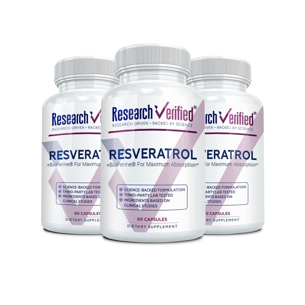 Ricerca Resveratrolo verificato - 98% Trans-Resveratrolo 1000 mg, Supporto Anti-invecchiamento - 60 capsule per bottiglia - 3 bottiglie