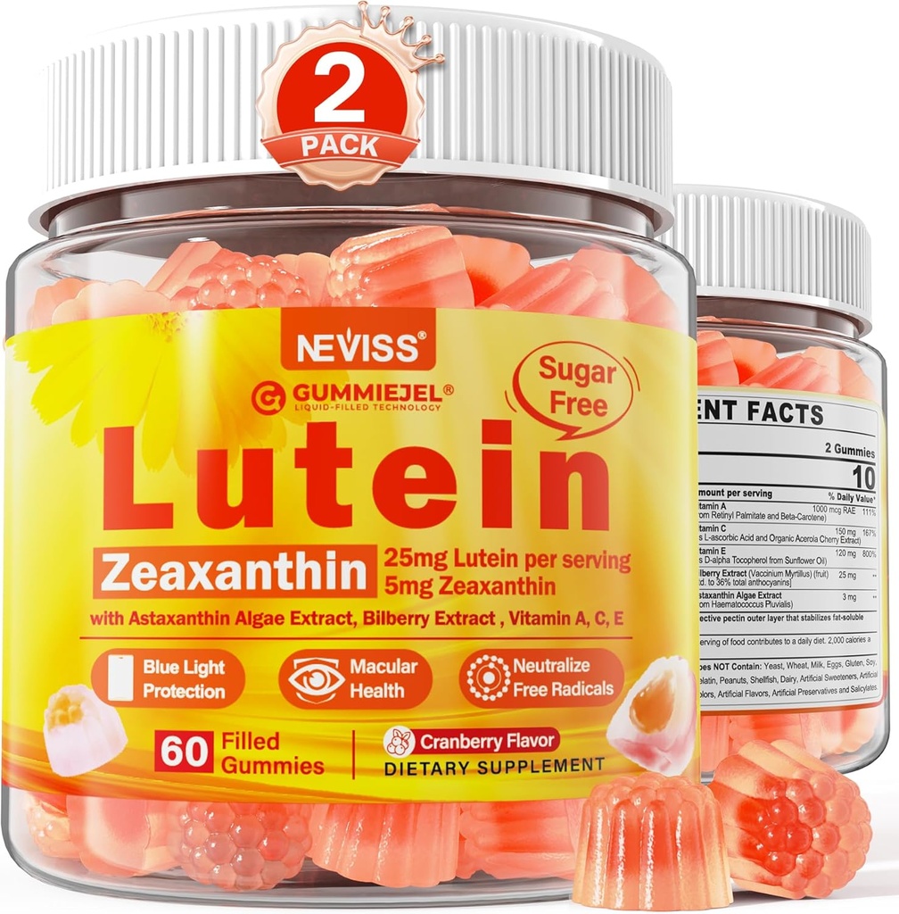 2 Pack Lutein e Zeaxanthin Integra Gummies (25mg) Vitamine A, C, E, Bilberry, Astaxanthin - Olio di cocco per un migliore assorbimento - per adulti e adolescenti Vision, Occhio, Cervello, Pelle - Vegan, Sugar Free