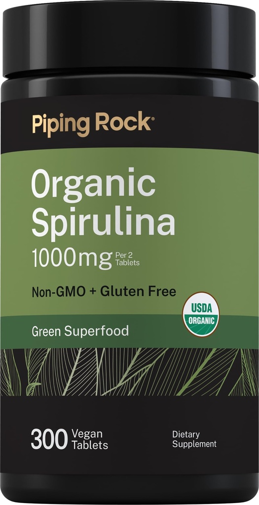 Piping Rock Organic Spirulina | 1000mg | 300 compresse | Arthrospira Platensis | Vegetariano, Non OGM, Integratore senza glutine