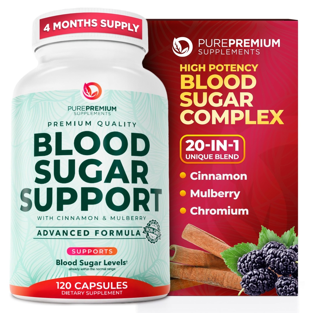 PurePremium Normale Integratore di Zucchero Sangue - 20 Complesso di ingredienti attivi per sostenere i livelli di zucchero nel sangue già nella gamma normale - con cannella, Melone Bitter, Cromo, Gelso - 120ct