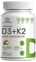 Vitamina D3 10.000 IU + K2 MK7 200mcg Softgels, 250 Count | Complesso 2-in-1 con olio di cocco vergine | Facile da ingoiare