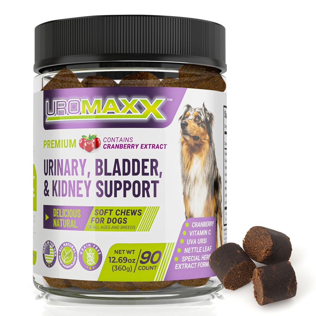 Trattamento dell'infezione del tratto urinario del cane, supporto della vescica e del rene per cani, cura potente dell'animale domestico, chews morbide naturali con mirtillo e glucosamina, fatto negli Stati Uniti, sapore di pollo, 90 conte, 1 confezione