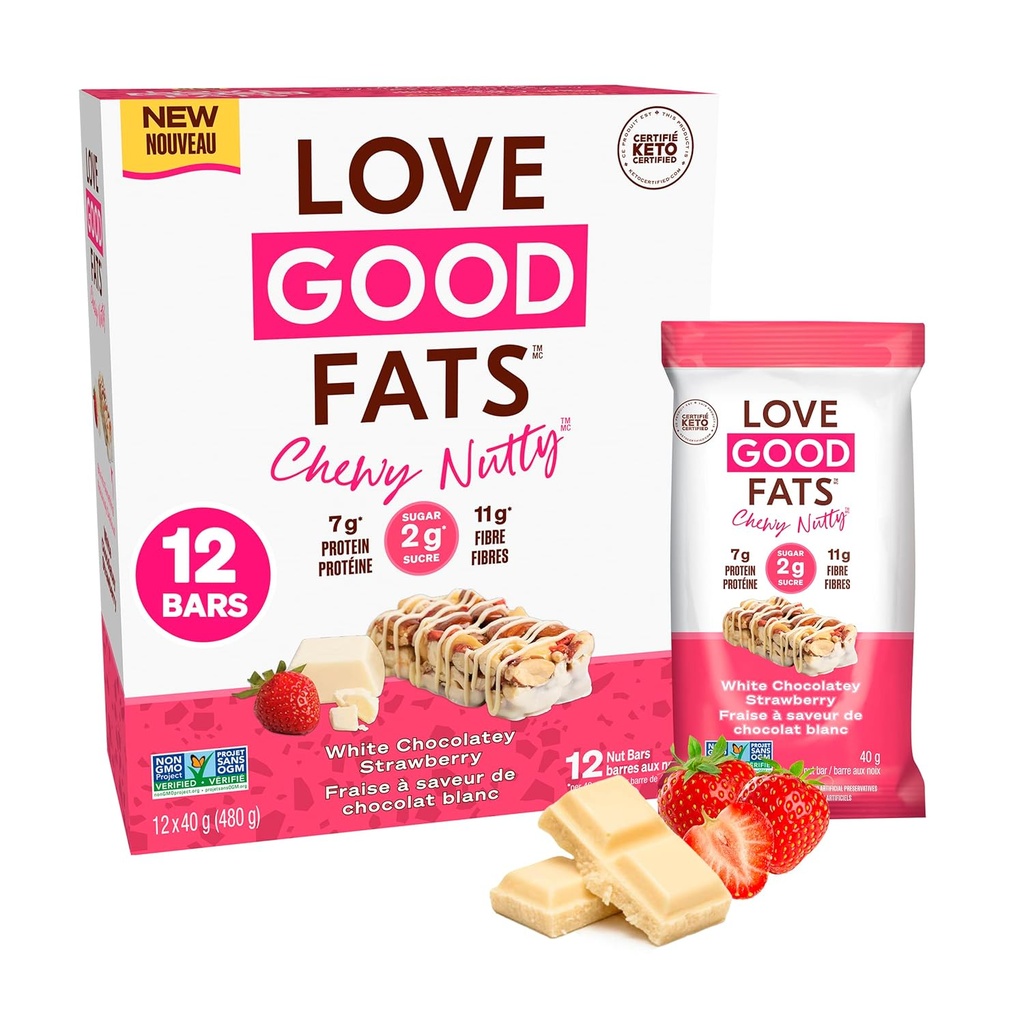 Love Good Fats Chewy Nutty Bianco Cioccolato Strawberry Keto Bars - Basso Carb Protein Snacks - 12 pack (1.59oz / 45g ogni bar)