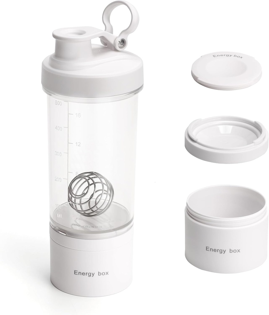 Blender Protein Shaker Tritan Bottiglia con Pillola/Powder Contenitore di stoccaggio per flacone da allenamento Protein Shakes-pre-Mixer Cup-Gym Sport Bottiglia di acqua con sfere di Whisk Bianco