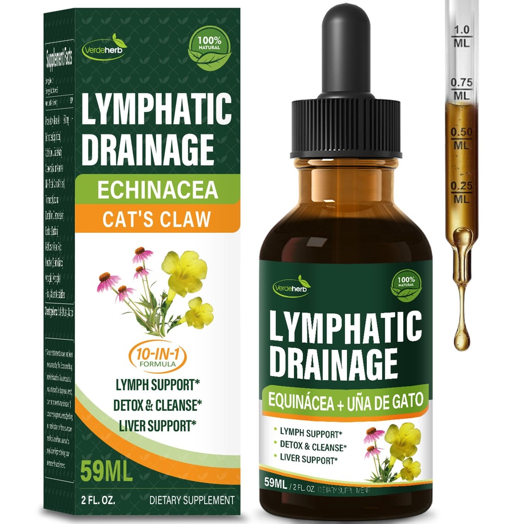 Cleavers gocce di drenaggio linfatico Migliorare Lymph Sistema Detox Cleanse, Echinacea, Cardo di latte, Gatti Claw, Turmerico, Dandelion, Burdock Immune Support Supplement. 2oz