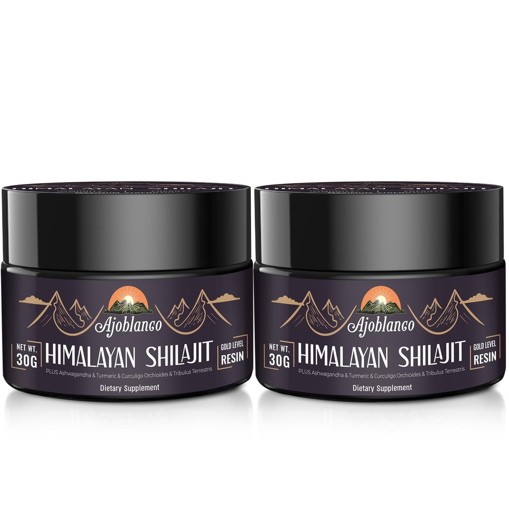 Ajoblanco 600mg Natural Himalayan Organic Shilajit Resina - Himalayan Gold Shilajit Resina con miscela ayurvedica organica in alta potenza per energia, resistenza e immunità, Confezione da 2