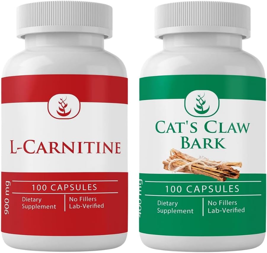 PURE ORIGINAL INGREDIENTI L-Carnitina e Claw Bark Bundle di Cat, 100 capsule ciascuno, Sempre Pure, Senza Additivi o Filler