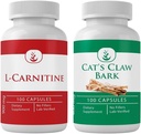 PURE ORIGINAL INGREDIENTI L-Carnitina e Claw Bark Bundle di Cat, 100 capsule ciascuno, Sempre Pure, Senza Additivi o Filler