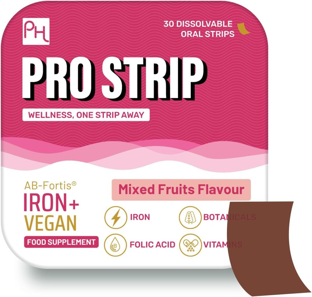 PROSTRIP® Iron+ AB-Fortis® 14mg Aggiunto con Vitamina C, B1, B2, B6, Acido Folico, Beetroot, Spinach e Tart Cherry – 30 Oral Vegan Strips – No Water Needed – Alto assorbimento da Prowise Healthcare