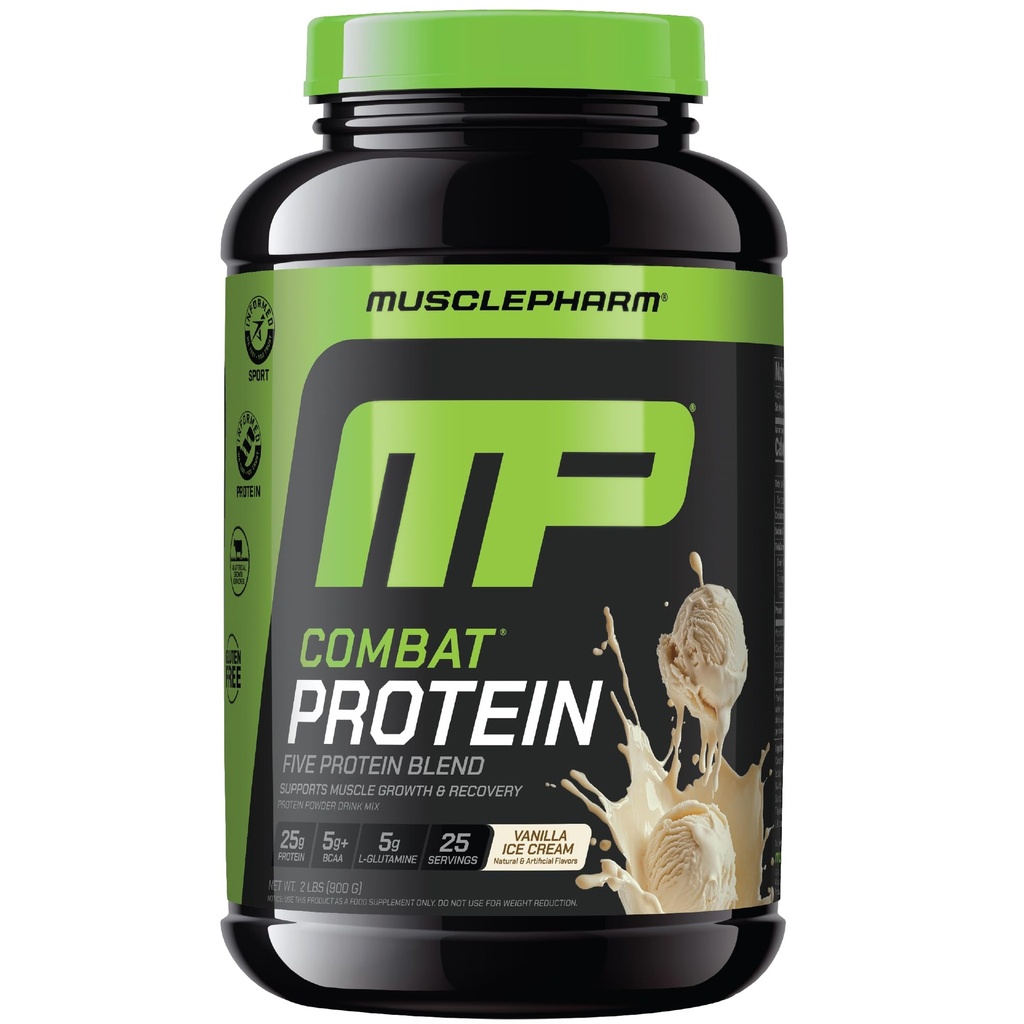 MusclePharm Combat Protein Powder, Vanilla Flavor, Fuels Muscles for Productive Workouts, 5 Protein Sources Compreso Whey Protein Isolate & Egg Albumin, Gluten Free, 2 lb, 25 Servings