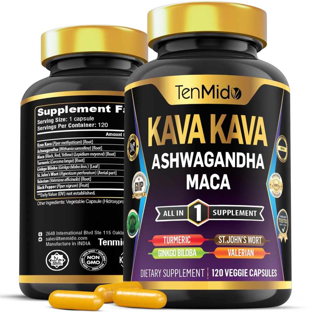 Kava Kava Root Supplement - 8in1 Formula - Combina con Ashwagandha, Maca, Turmerico, Ginkgo Biloba, St. John's Wort, Valerian & Black Pepper - 120 Vegan Capsules, 4 mesi di fornitura