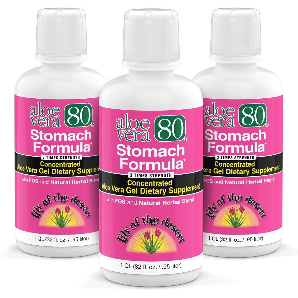 Lily Of The Desert Stomach Formula, Aloe Vera 80 Gel - Succo concentrato Aloe Vera con Slippery Elm, camomilla, menta piperita e zenzero per la salute del fegato, bruciore di stomaco, riflusso acido, 32 Oz (Pack of 3)