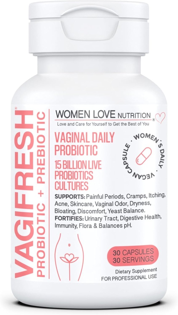 Probiotici vaginali VAGIFRESH, bilancia del pH, prebiotici & Lactobacillus. Integratore di salute vaginale femminile - Odore vaginale sano & Flora, 30 conte.