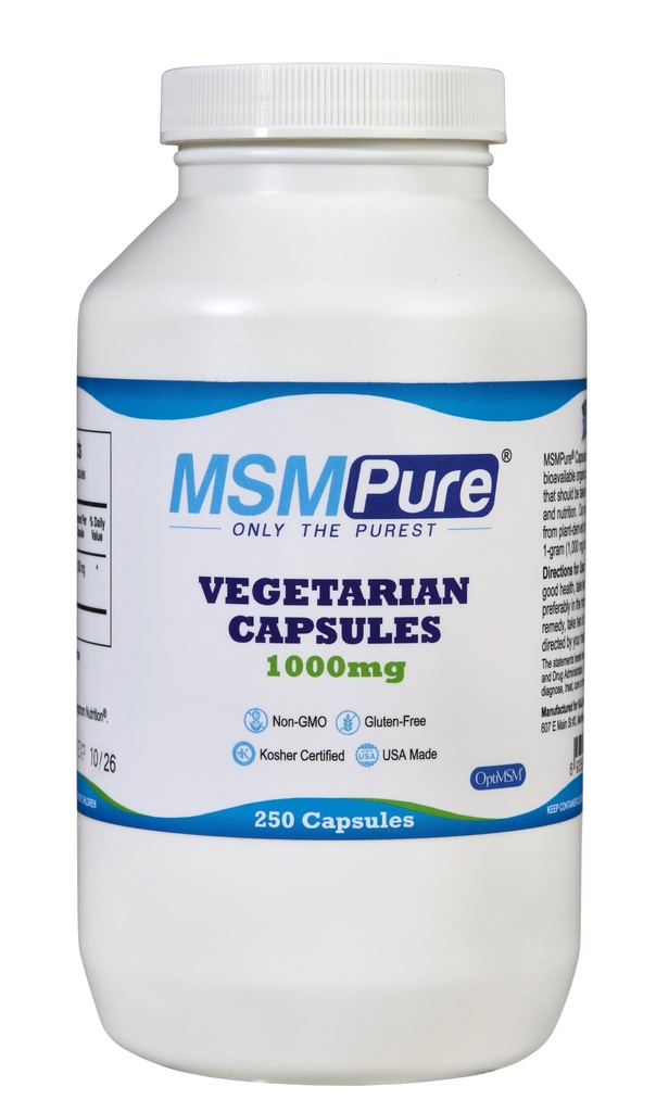 KALA HEALTH MSMPure MSM Capsule Vegetariani – 1.000 mg MSM USA-Made per Capsule per Salute Giunta, Aspetto della Pelle, Supporto per Capelli e Unghie – 250 Conte, Zolfo Organico