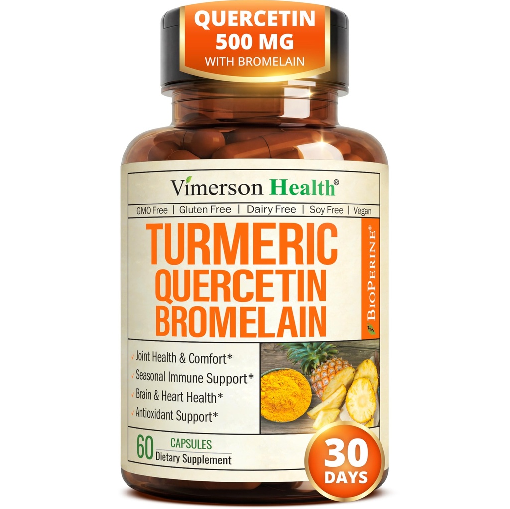 Quercetina con Bromelain curcumina curcuma curcuma Supplemento – Allergy Relief, Joint & Immune Support – Integratore di curcuma organico con pepe nero (Bioperine) – 60 capsule Quercetin 500mg