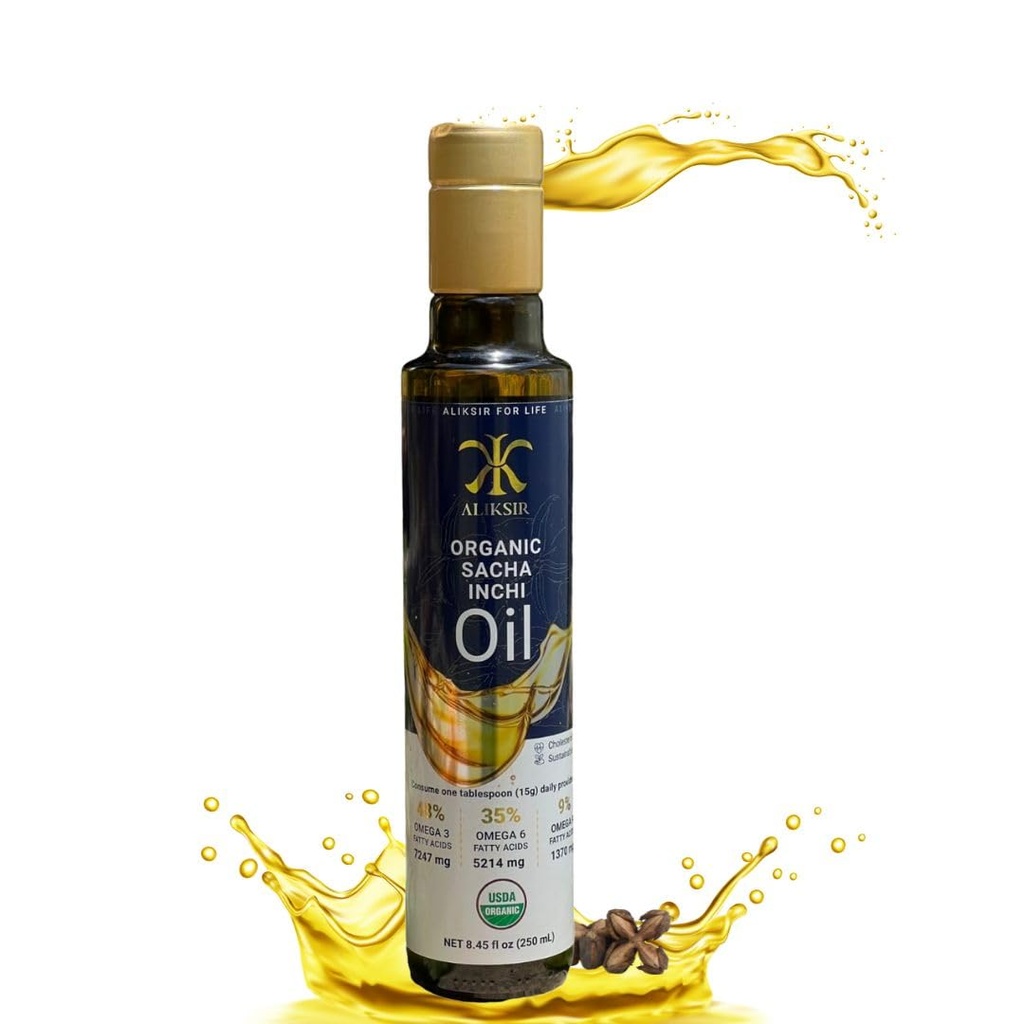 Olio di Sacha Inchi Organico, seme amazzonico – Extra Vergine, 100% Naturale, Alto Omega 3 (7247 mg), Omega 6 (5214 mg), Omega 9 (1370 mg), Pressato a freddo con vitamina E - antidiossidanti che aiutano capelli, unghie e pelle.