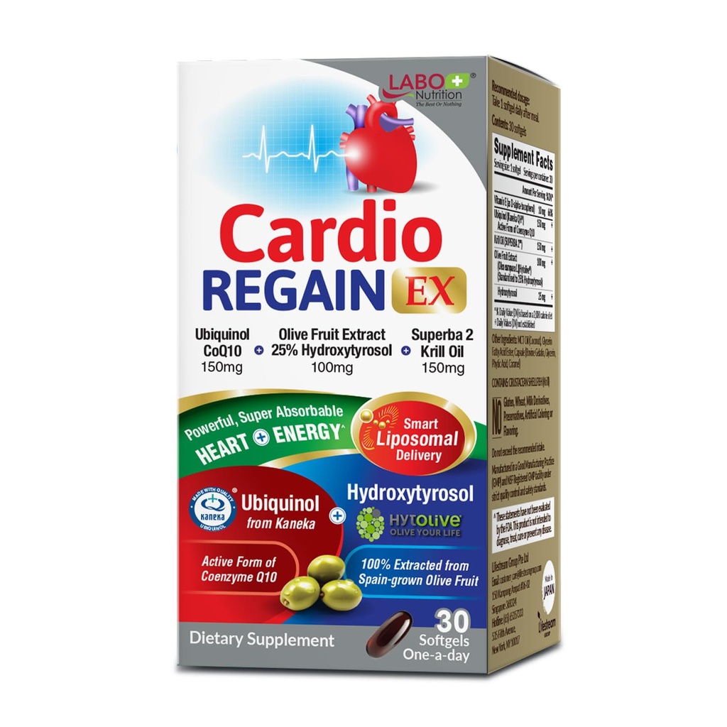 LABO Nutrition CardioREGAIN EX – Ubiquinol CoQ10 Integratore con Kaneka QH 150mg, Estratto di frutta di oliva (25% Hydroxytyrosol), Krill Oil – Cuore, Energia cellulare, Assorbimento Liposomico, Non OGM, Soy-Free