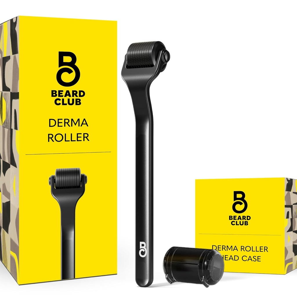 Rullo di Derma Premium Club Beard per viso, corpo e scala - Rullo di Microneedling per uomini e donne con 540 Microneedles in titanio - per capelli e cuscinetto - Maniglia metallica ponderata - Custodia magnetica di stoccaggio