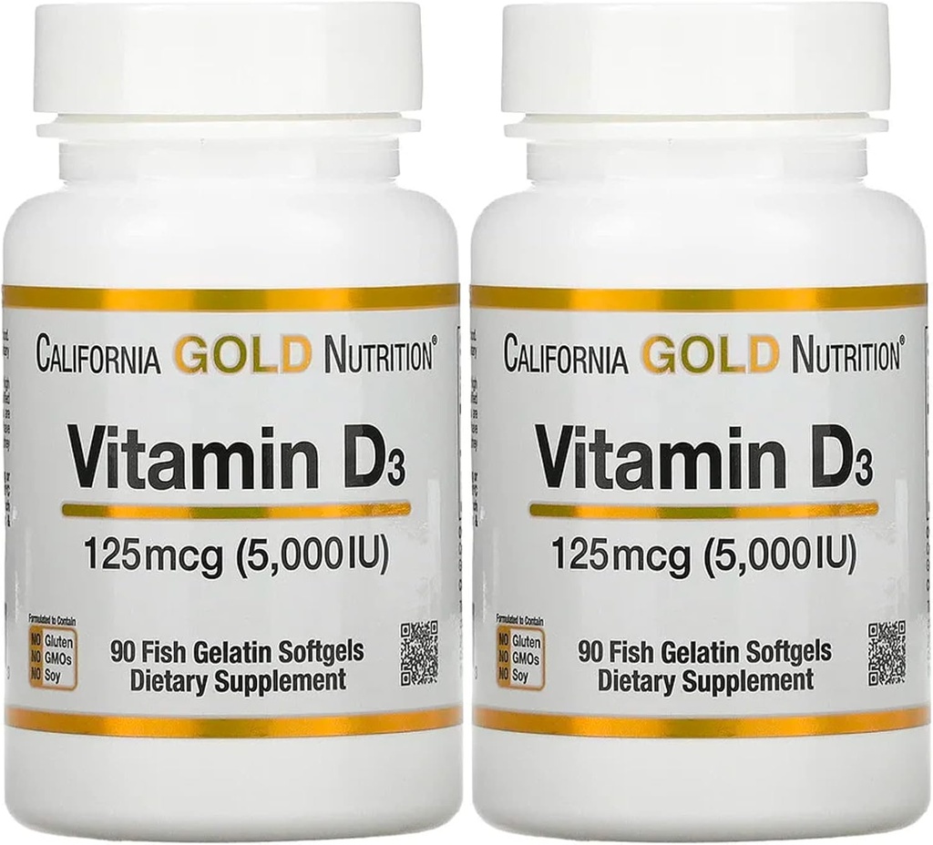 Vitamina D3 Supplemento della California Oro Nutrizione - Supporto per Bones & Teeth sani - Supporto del sistema immunitario - Gluten Free, Non-GMO - 125 mcg (5.000 IU) - 2 Confezione da 90 Pesce Gelatin Softgels