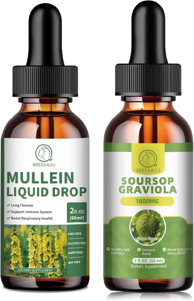 Gocce di Mullein per polmoni, Estratto di foglie di Mullein 1000MG per la pulizia polmonare & Soursop Graviola Gocce liquide 1800mg, Estratto di foglie di Soursop per la rigenerazione cellulare