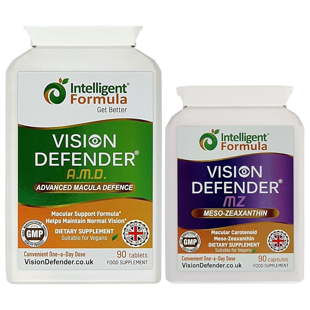 Vision Defender AMD e Vision Defender MZ Macula Health Bundle - AREDS2 Formula potenziato da Optimum High Strength Meso-Zeaxanthin Vegan Health Supplement (90 giorni di alimentazione)
