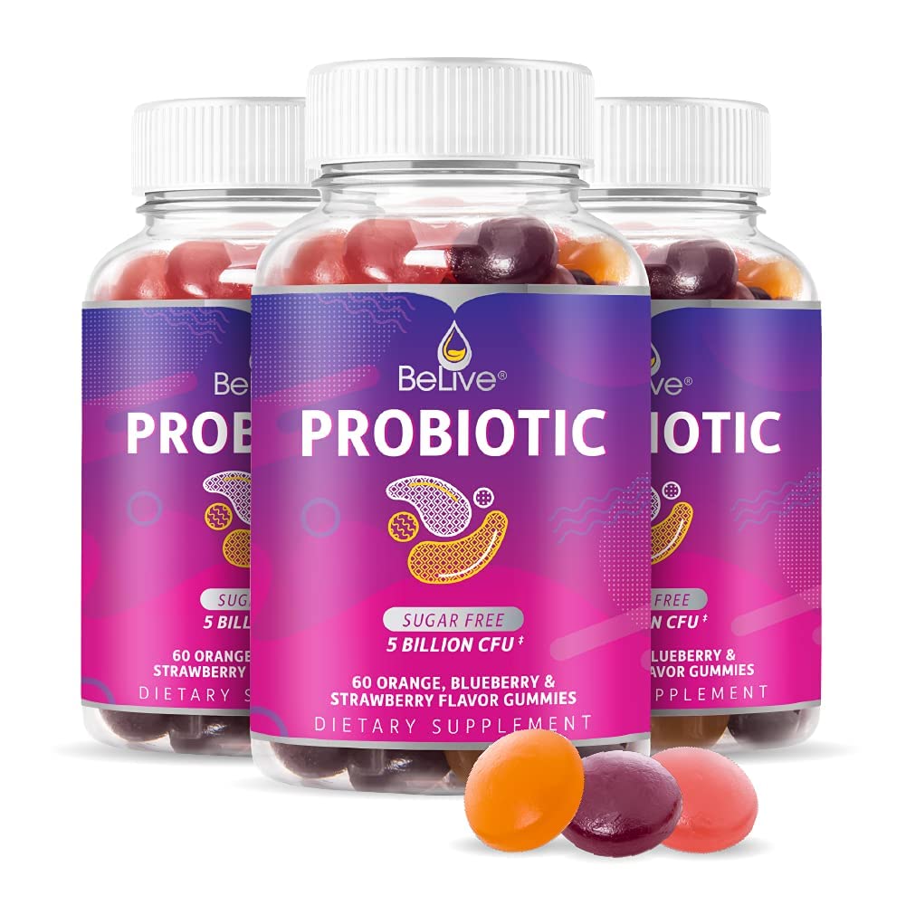 BeLive Probiotic Gummies - Probiotici con 5 miliardi di CFU per la salute digestiva, Uomini, donne e bambini Integratori probiotici per il supporto immunitario, Sugar Free & Vegan – Blueberry, Strawberry & Orange | 3-Pack