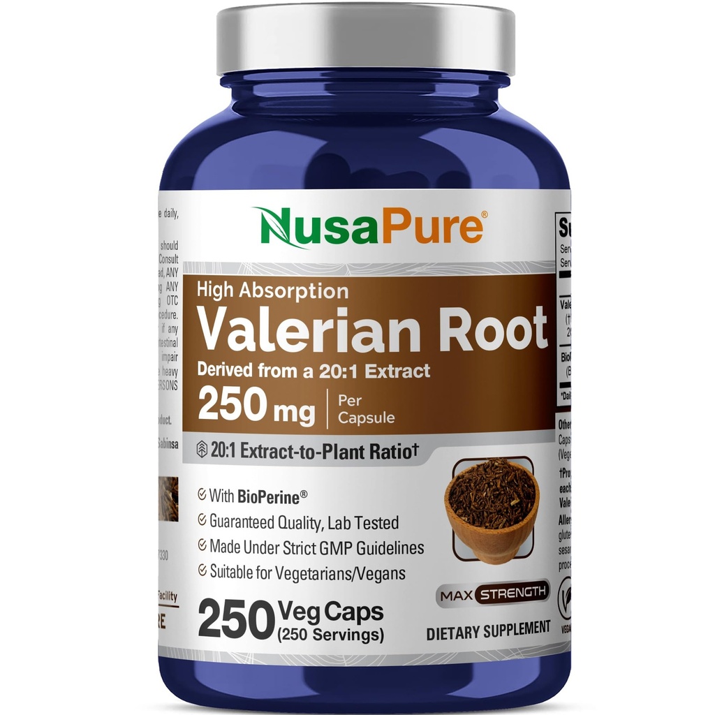 NusaPure Valerian Root 20:1 Estratto, 250 mg Equivalente a 5000mg Per Veggie Caps, 250 Conte, Vegan, Non OGM, Bioperine