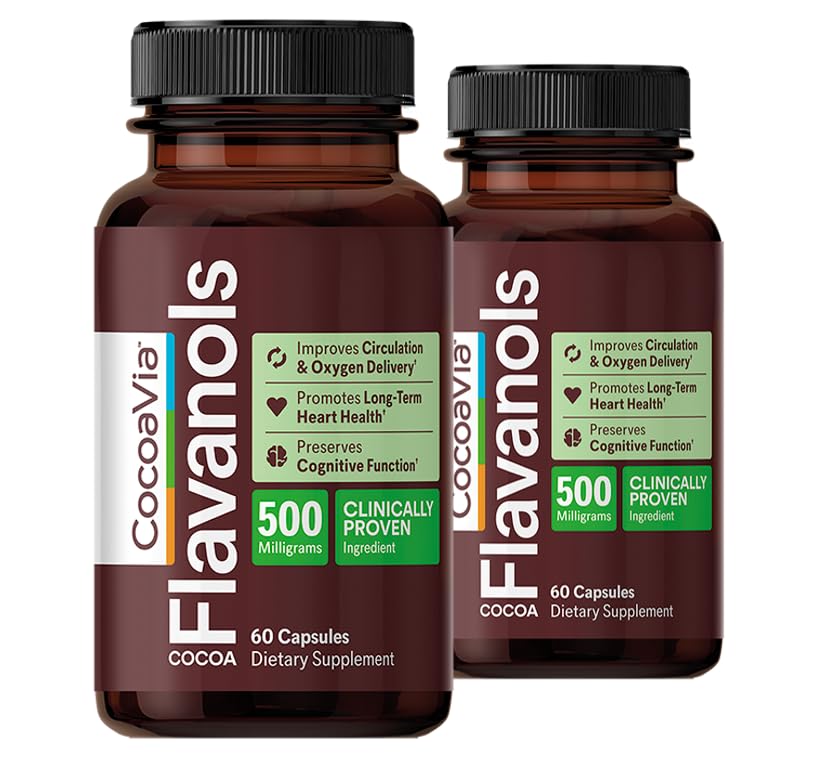 CocoaVia Cardio Health Supplement, 60 giorni, 500mg Cocoa Flavanols, Support Heart Health, Boost Nitric Oxide, Circolazione del sangue, Energia, Vegan, Cioccolato scuro, 120 capsule